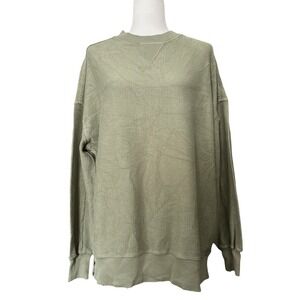 Aerie Oversized Ribbed Knit Crewneck Sweatshirt Sage Green Distressed XXS
